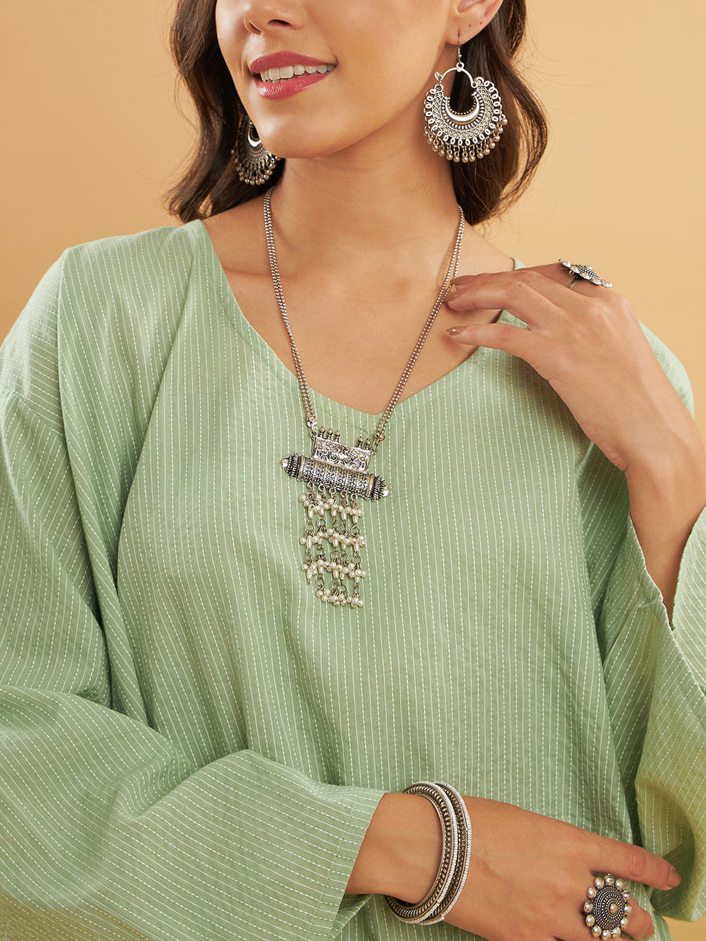 InWeave Women's Sage Green Kantha Boho Full Sleeve Coord Set