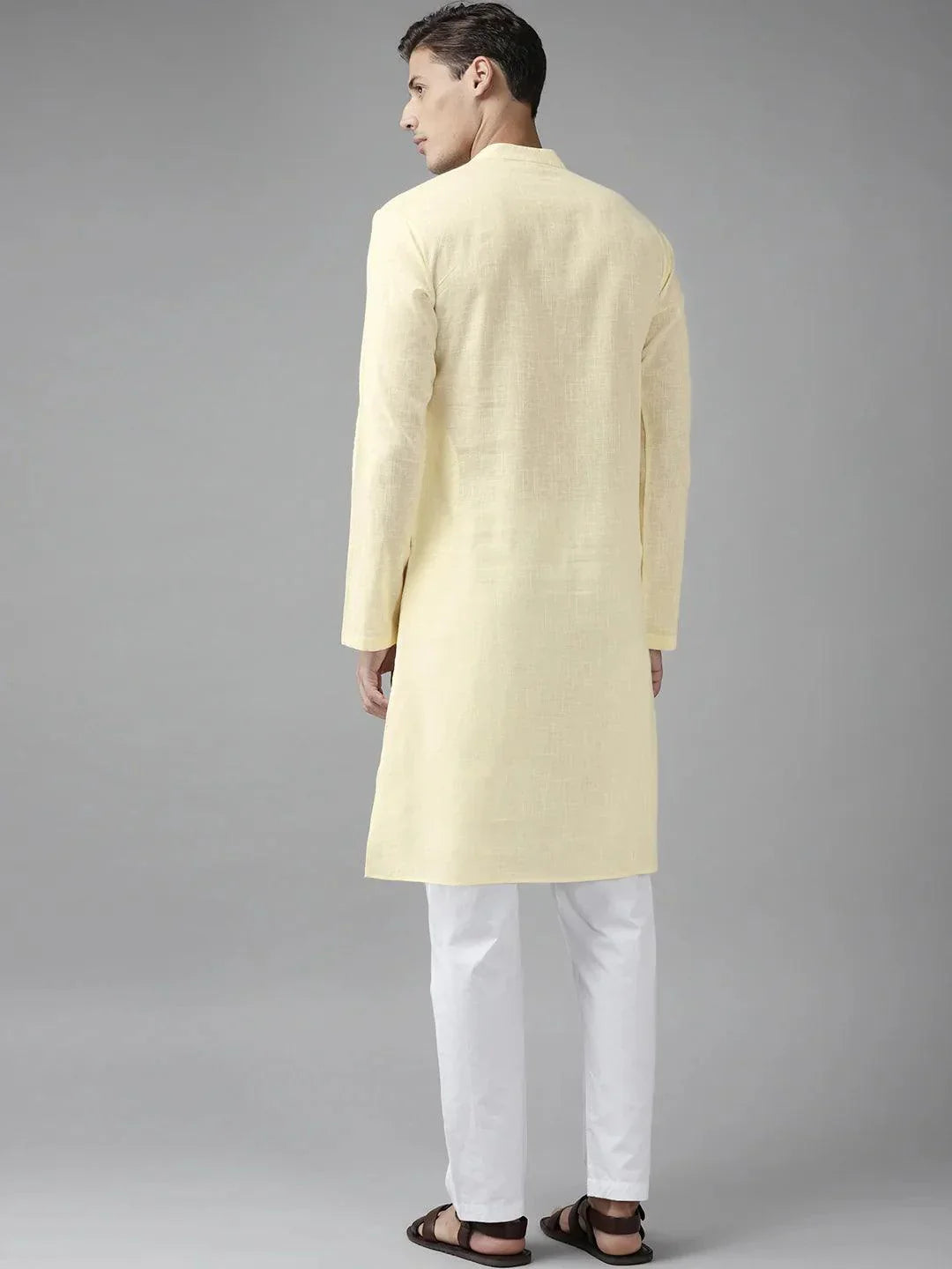 Fabmade Men Cream Cotton Linen Kurta Pyjama
