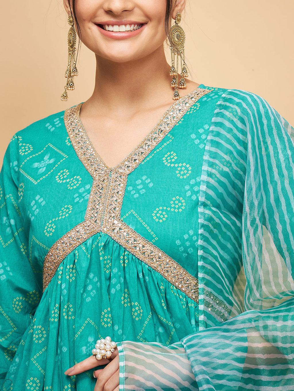 InWeave Women's Aqua S Print Alia Cut Gota Work Kurta Set W Aqua Le Du