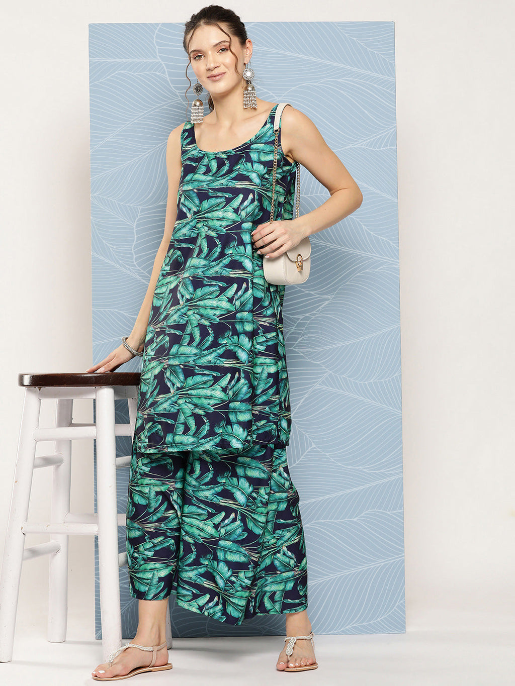 InWeave Women's Navy Green Big Leaf Print Crepe Kurta Set