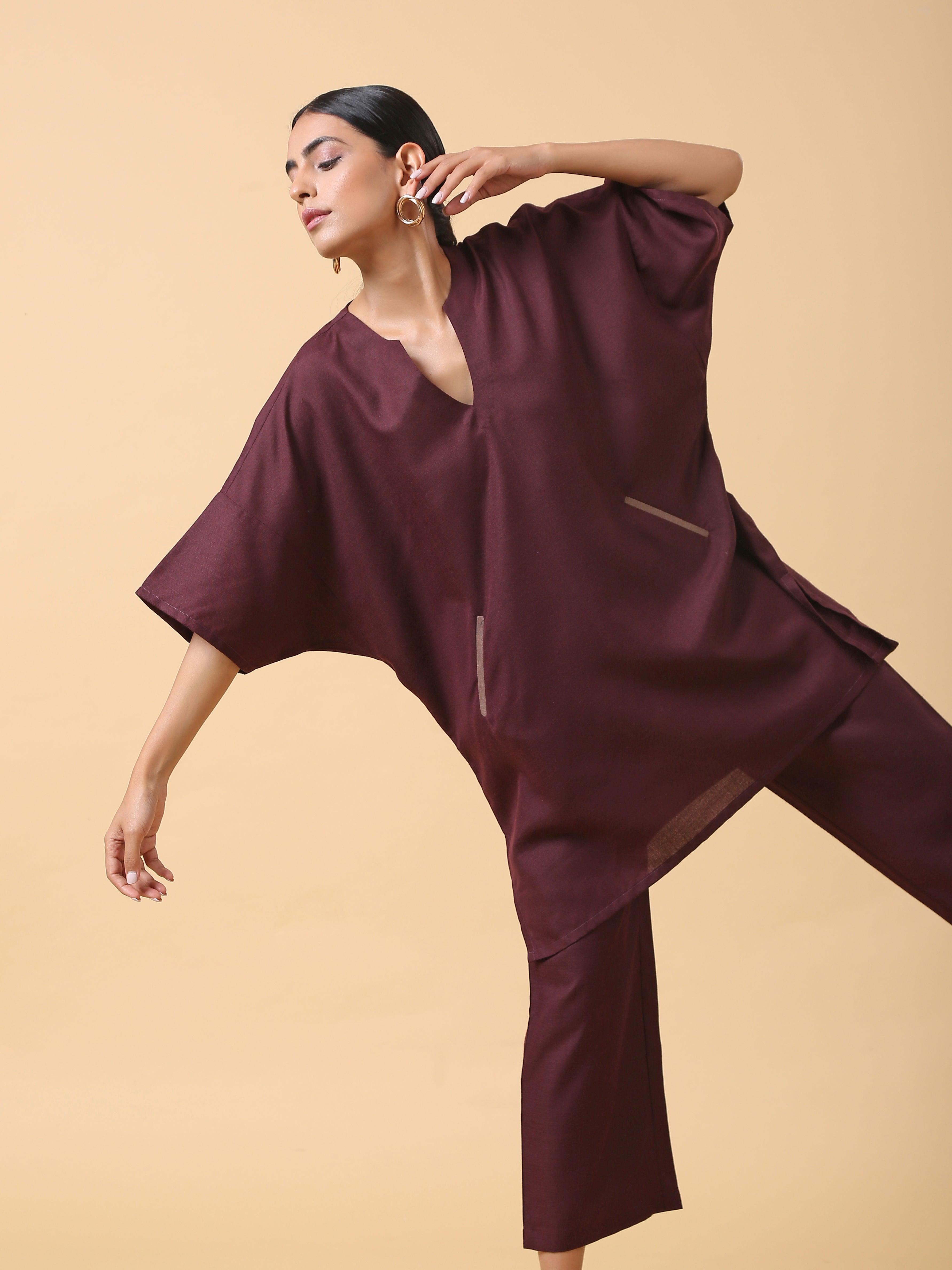 trueBrowns Cotton Linen Purple Boxy Fit Co-Ord Set