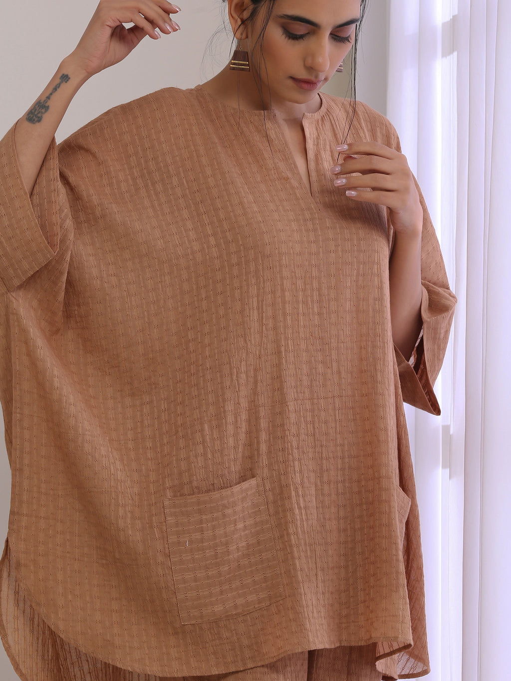 trueBrowns Beige Dobby Boxy Fit High-Low Co-Ord Set