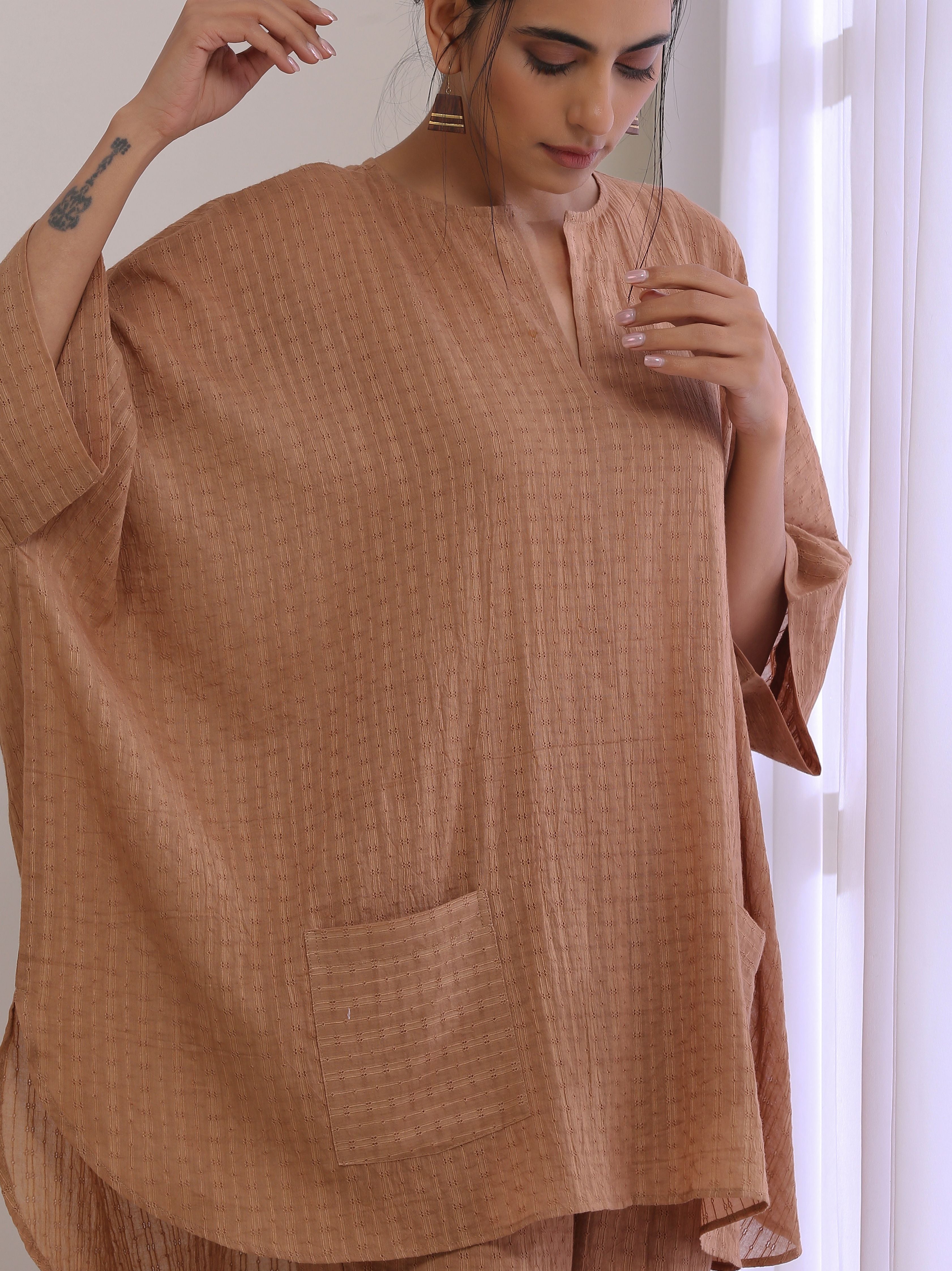 trueBrowns Beige Dobby Boxy Fit High-Low Co-Ord Set