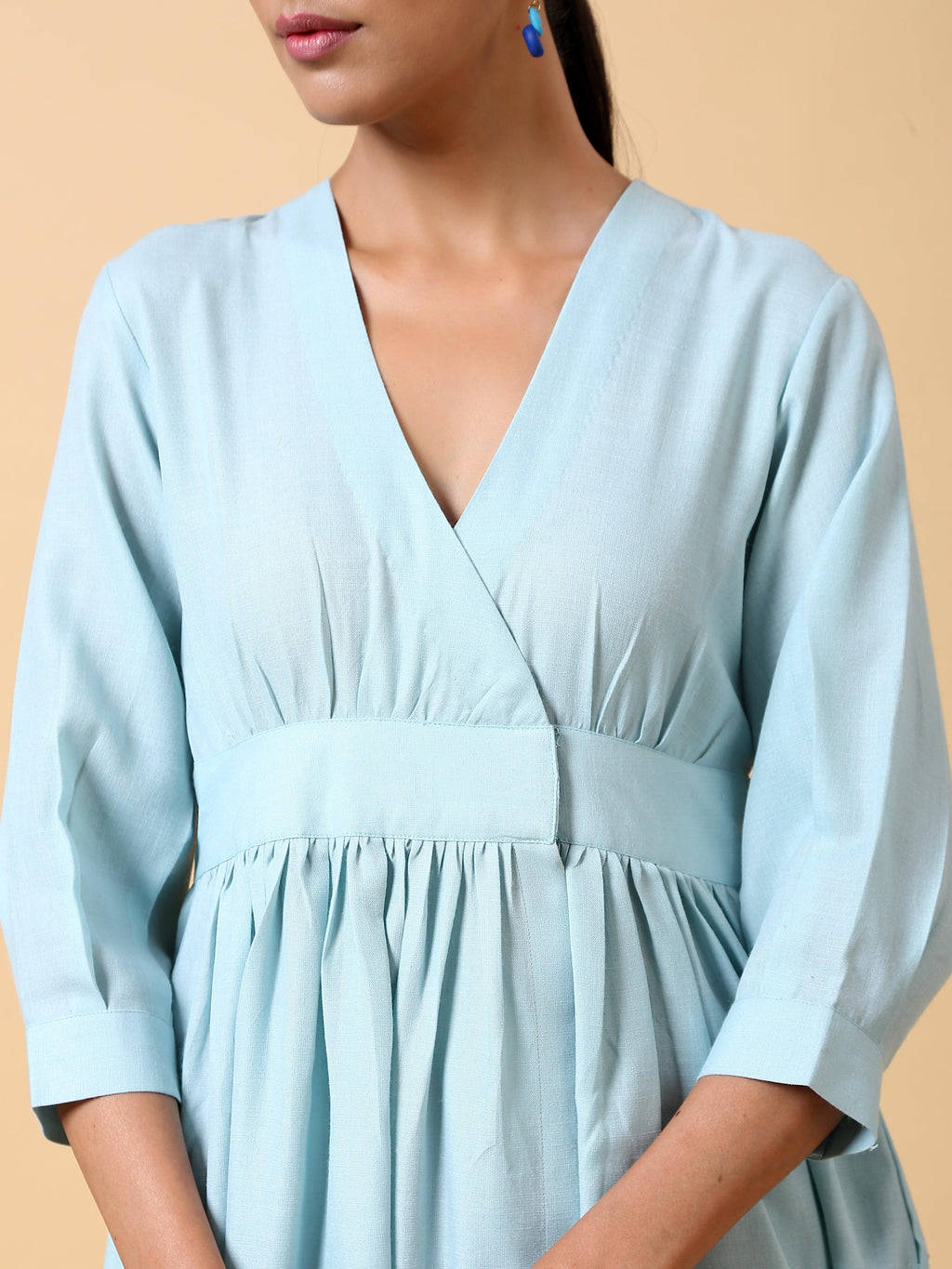trueBrowns Cotton Linen Light Blue Wrap Dress