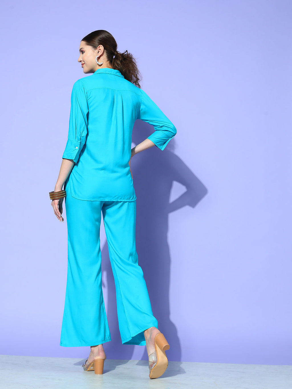 InWeave Women's Aqua Blue Coord Set With Solid Lime Green Crop Top