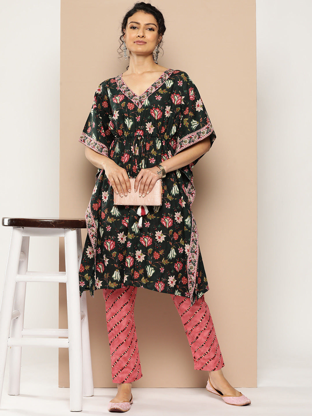 KSUT (House of Varanga) Green And Peach Floral Print Kaftan Trouser Set.