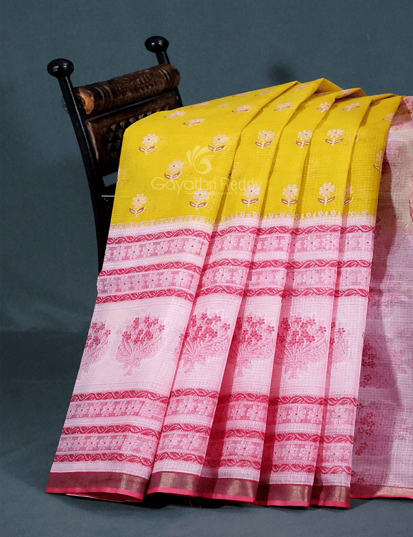 Yellow And Pink Colour Block Print Pure Kota Cotton Saree By Gayathri Reddy Designer Studio
