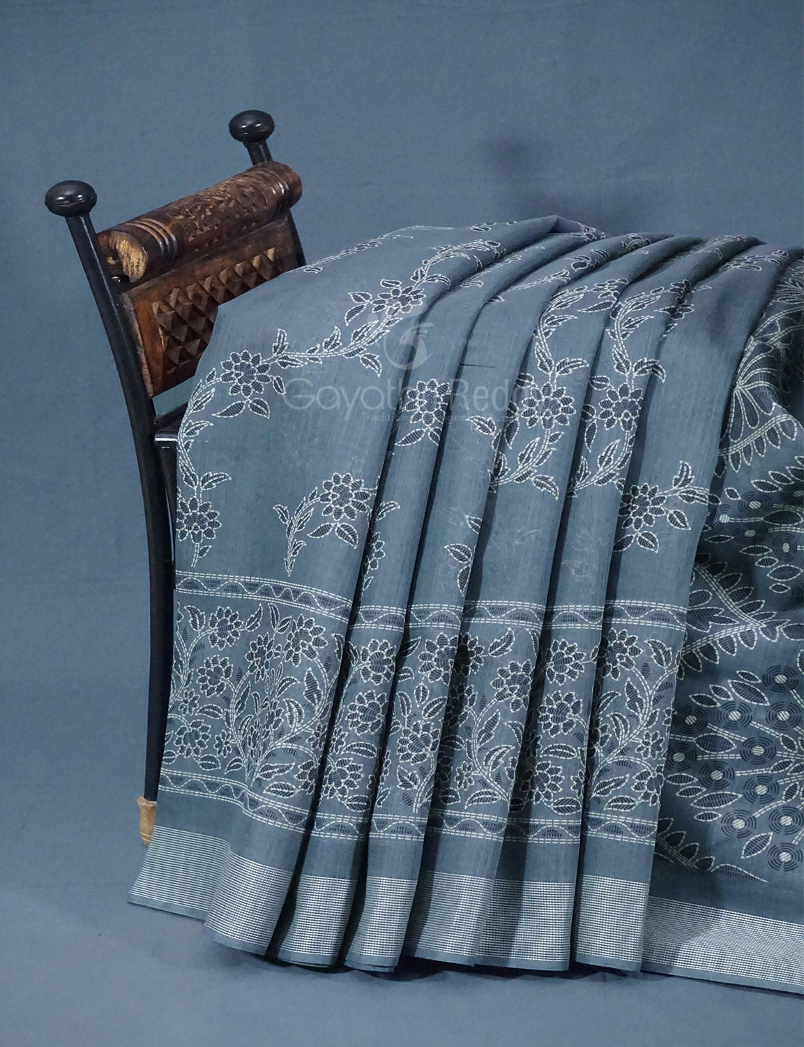 Shades of Light Ash Grey Colour Floral Print Semi Chanderi Saree By Gayathri Reddy Designer Studio