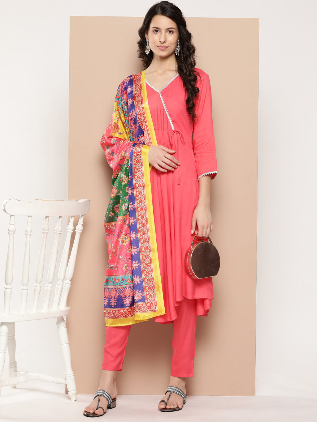 InWeave Women's Camelia Gota Angrakha Kurta Set W Yellow Orange Dupatta