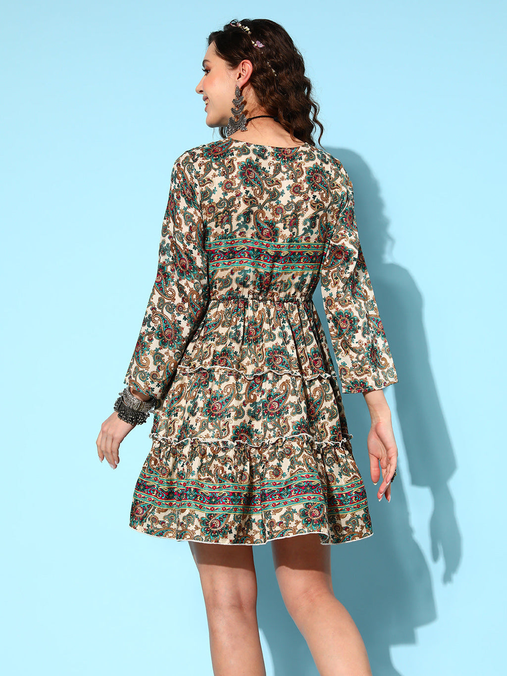 InWeave Women's Off White Green Paisley Print Tiered Dress