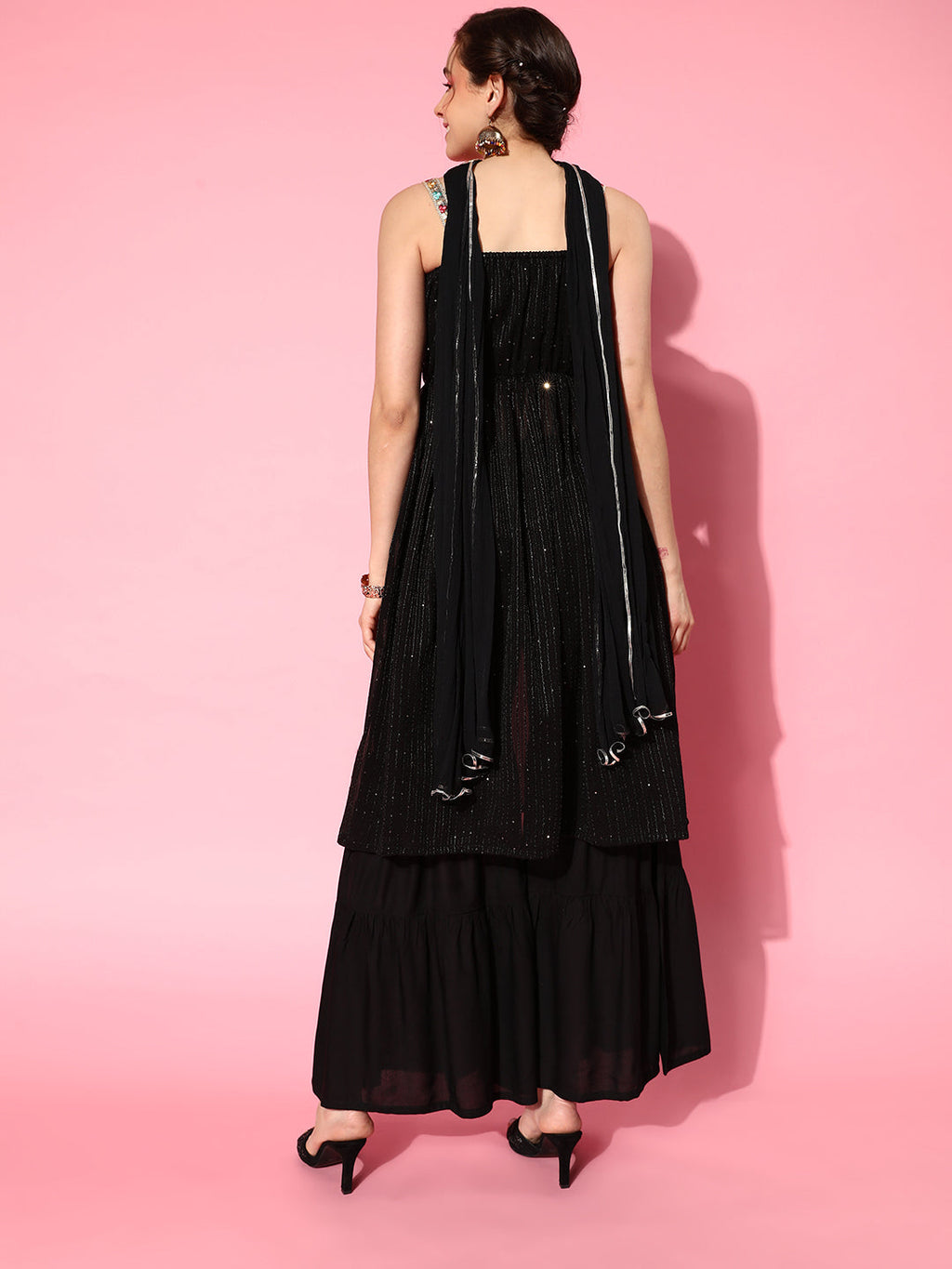 InWeave Women's Black Gota Insert Neckline Sharara Set