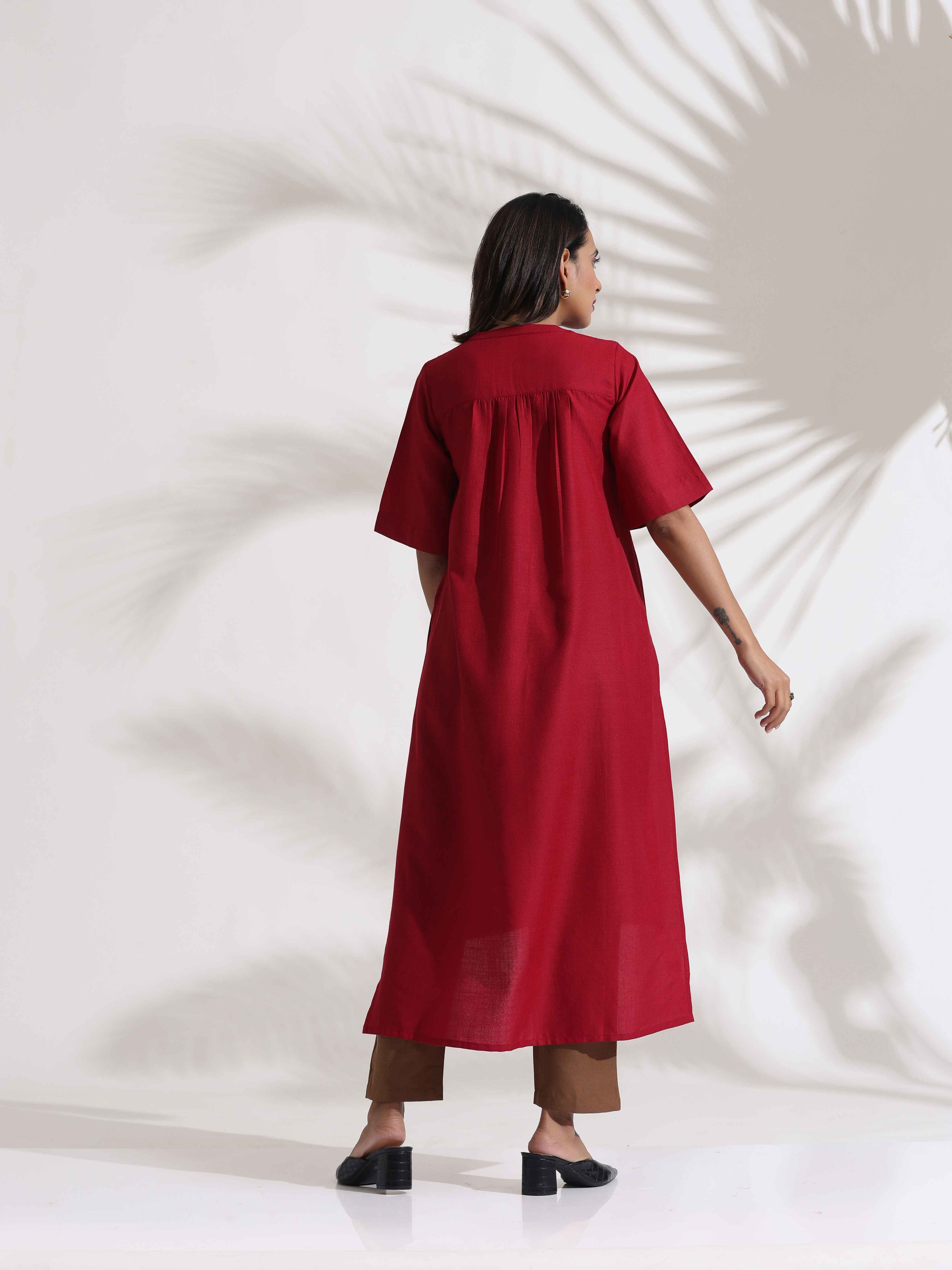 trueBrowns Maroon Slub Highslit Kurta Set