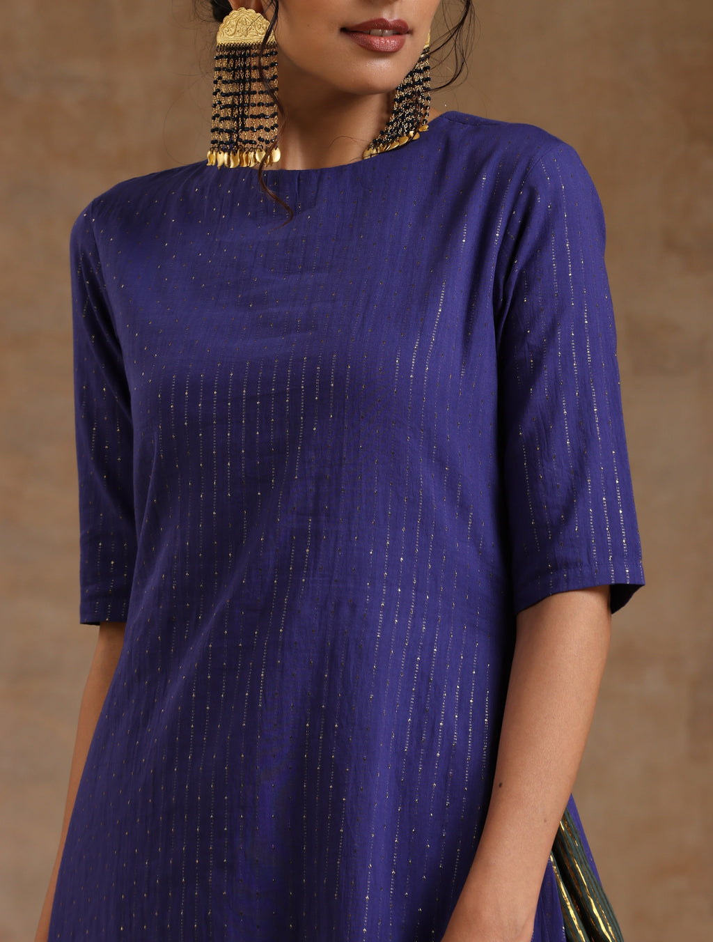 trueBrowns Spectrum Blue Gold Cotton High Slit Kurta Set