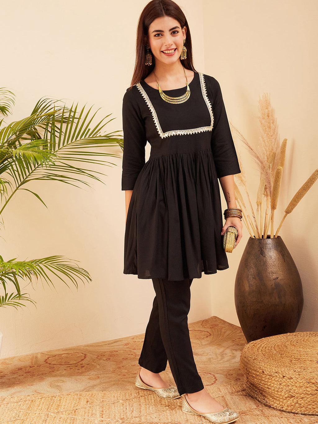 InWeave Women's Black Round Neck Square Gota Work Kurta Pant Set