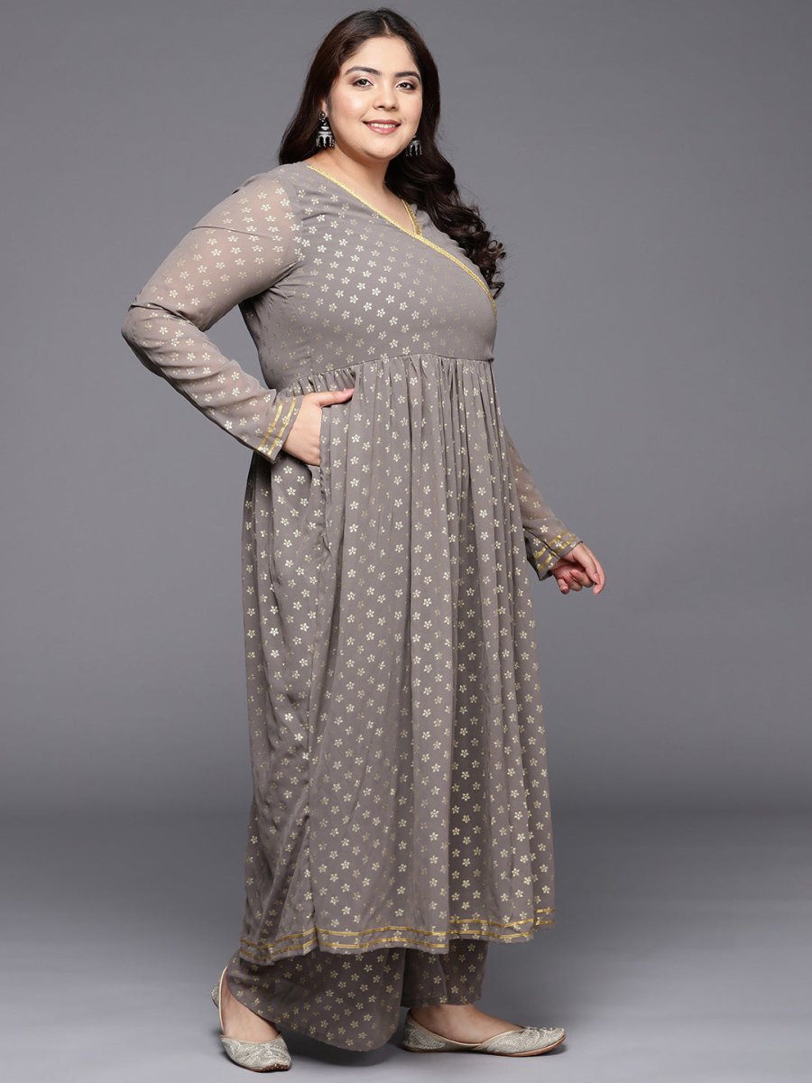Ahalyaa Plus Size Floral Printed Zari Angrakha Kurta with Palazzos
