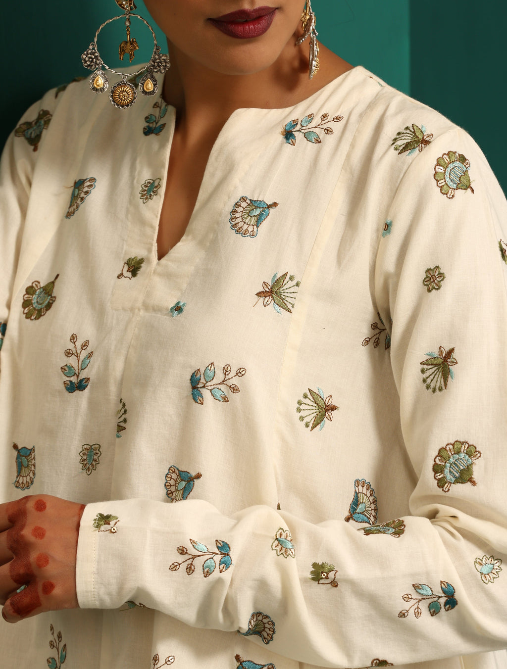 trueBrowns Ivory Blue Floral Cotton Flared Co-ord Set