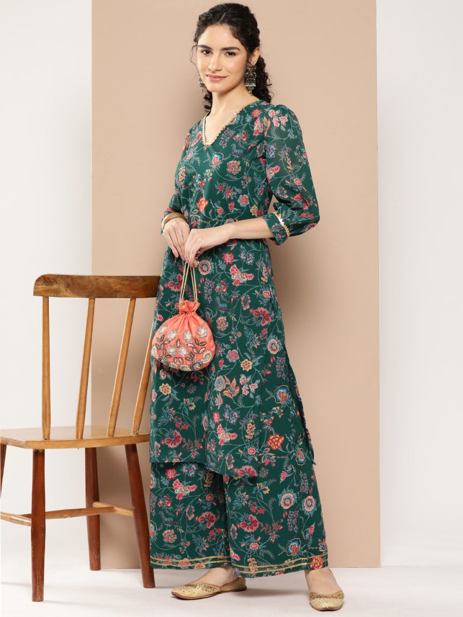 Ahalyaa Women Floral Printed Regular Gotta Patti Kurta with Palazzos