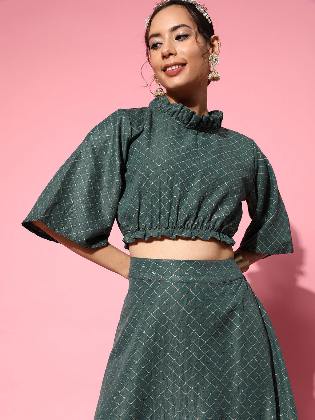 InWeave Women's Hunter Green Gold Crop Top With Side Slit Skirt