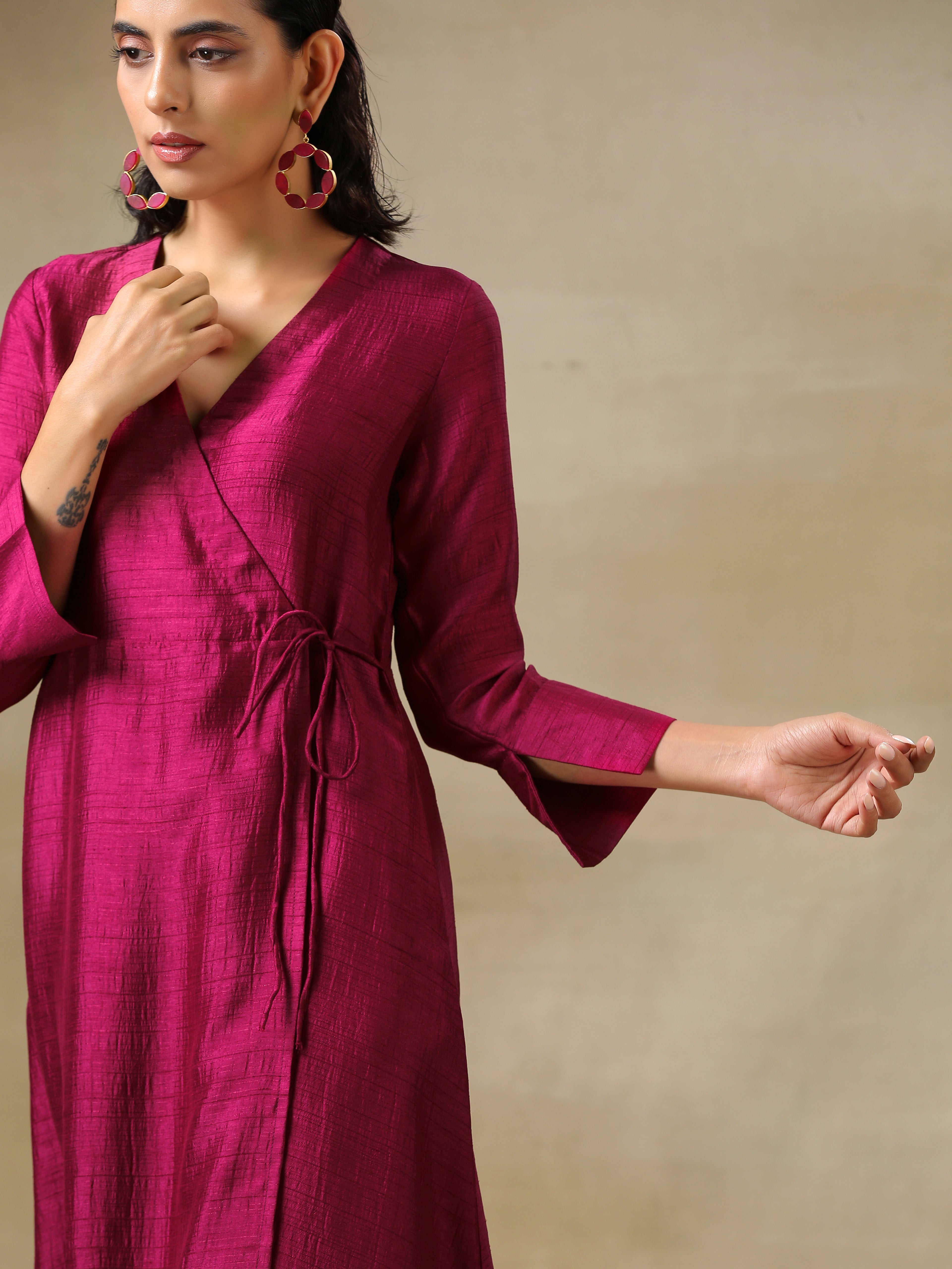 trueBrowns Purple Textured Silk Angrakha Kurta Pant Set