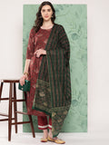 InWeave Women's Long Kurta Set Rust Ajrakh With Green Ajrakh Dupatta