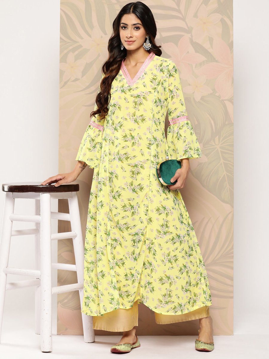 Ahalyaa Floral Printed Bell Sleeves Gotta Patti Georgette Kurta