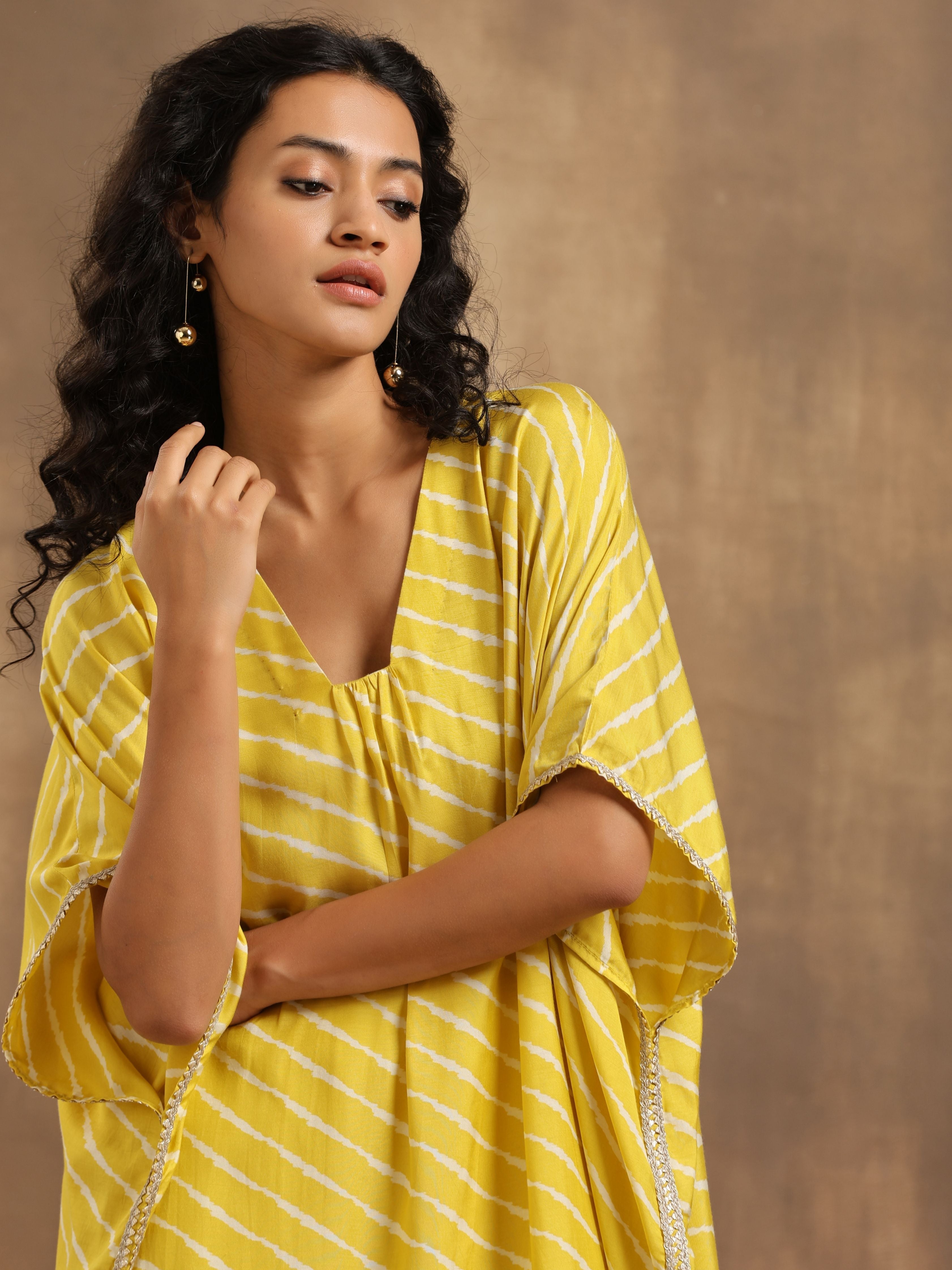trueBrowns Lime Lehariya Printed Silk Kaftan Pant Set