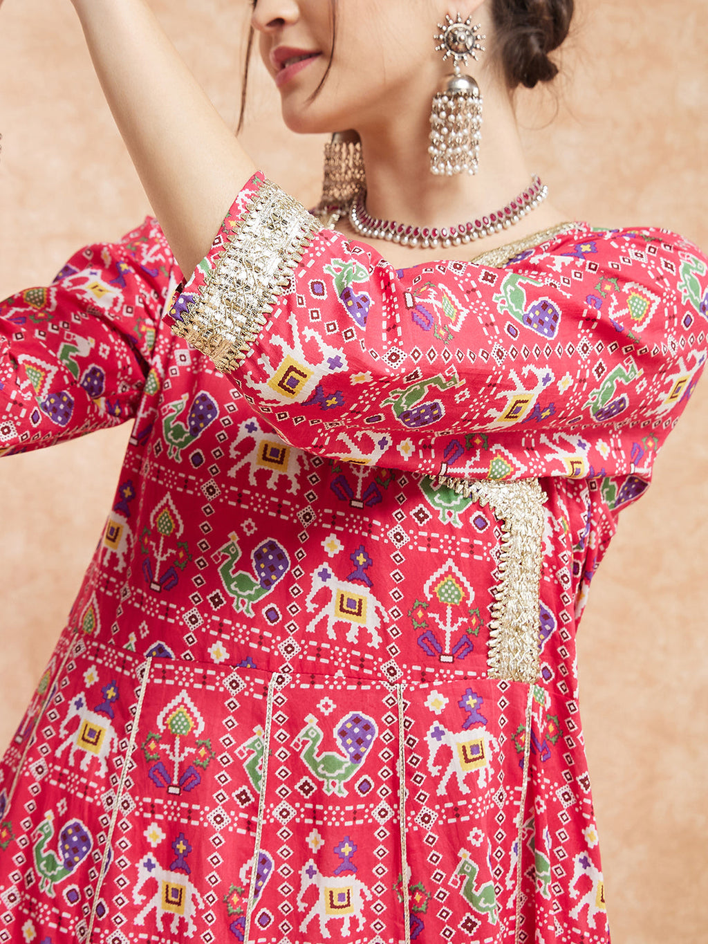 InWeave Women's Pink Patola Printed Gota Embroidered Anarkali Kurta