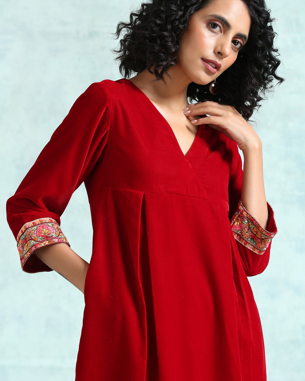 trueBrowns True Red Velvet Yoke Kurta