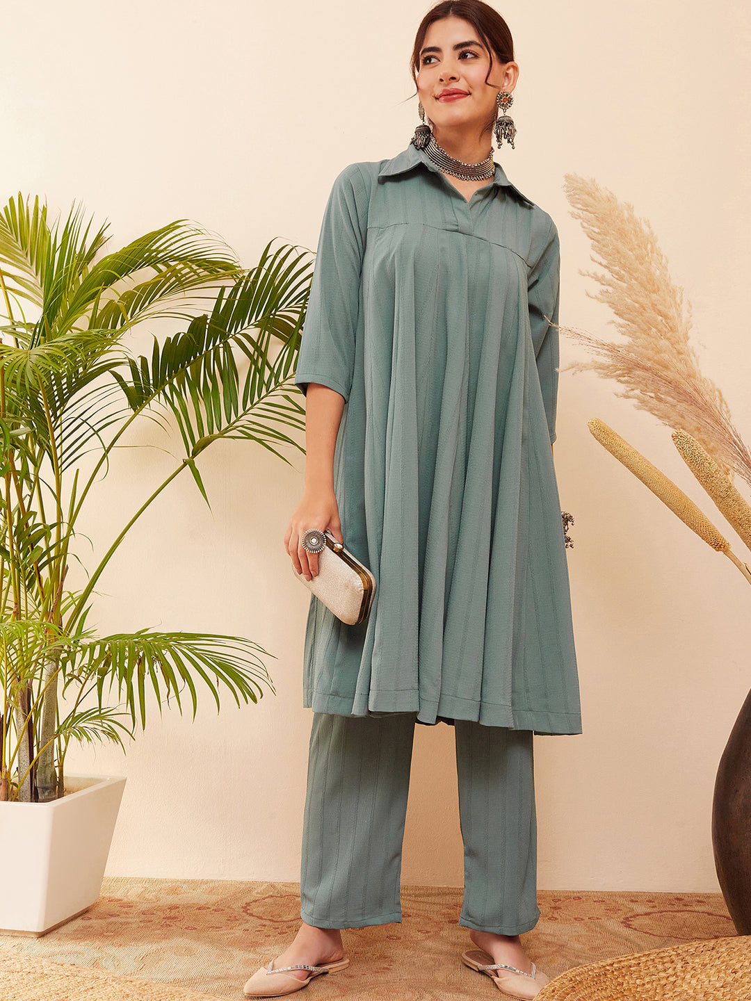InWeave Women's Light Mint Collared Neck Flared Kurta Pant Set
