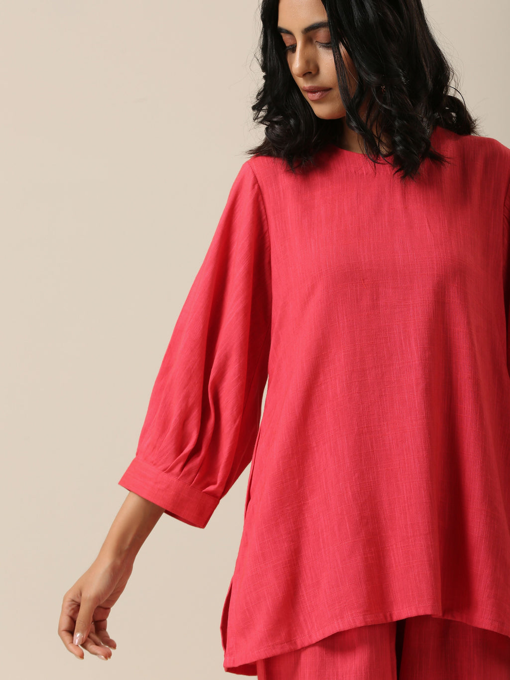 trueBrowns Bright Pink Slub Texture Baggy Sleeve Co-Ord Set