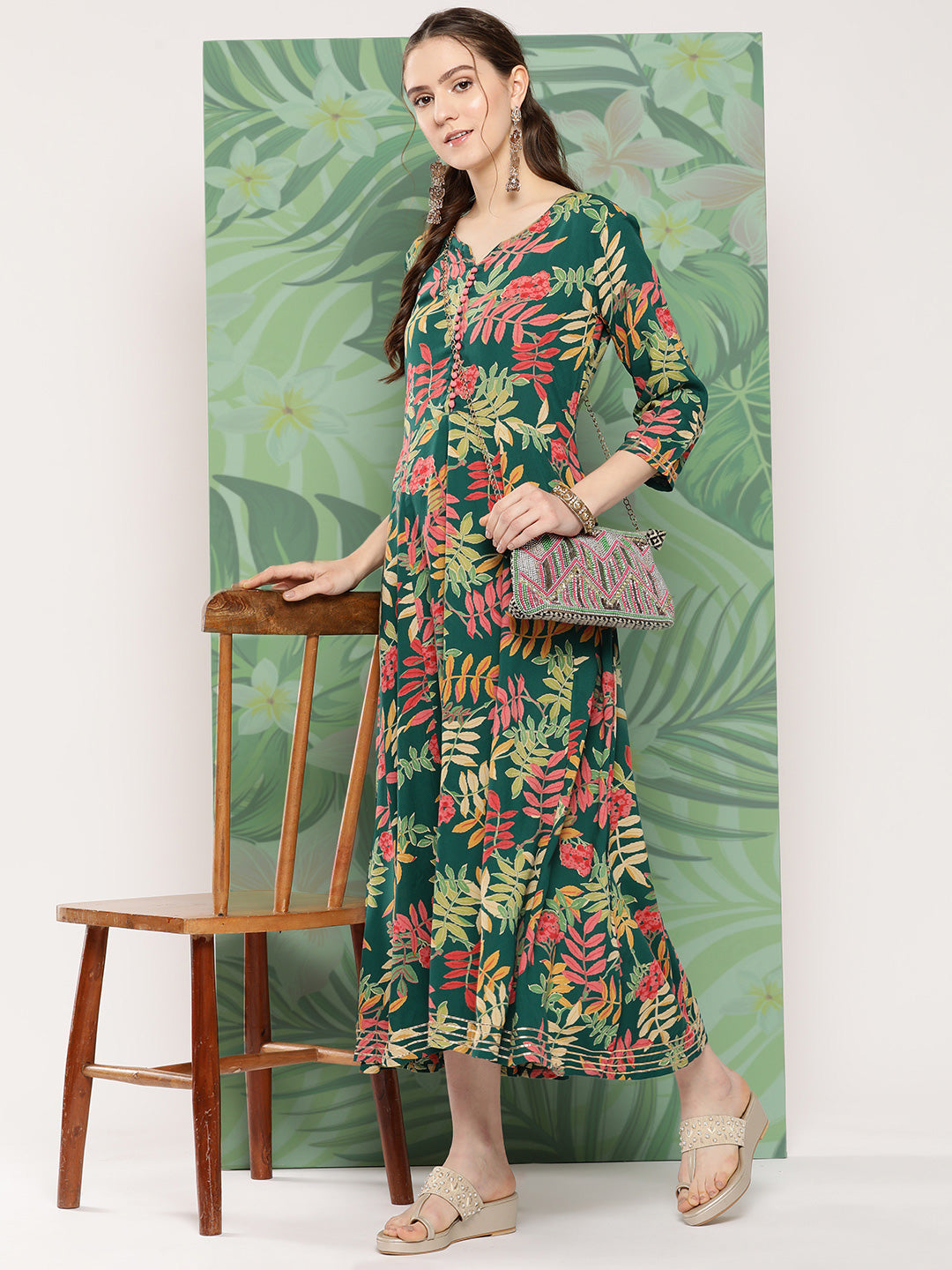 InWeave Women's Green Tropical Print Gota Long Dress