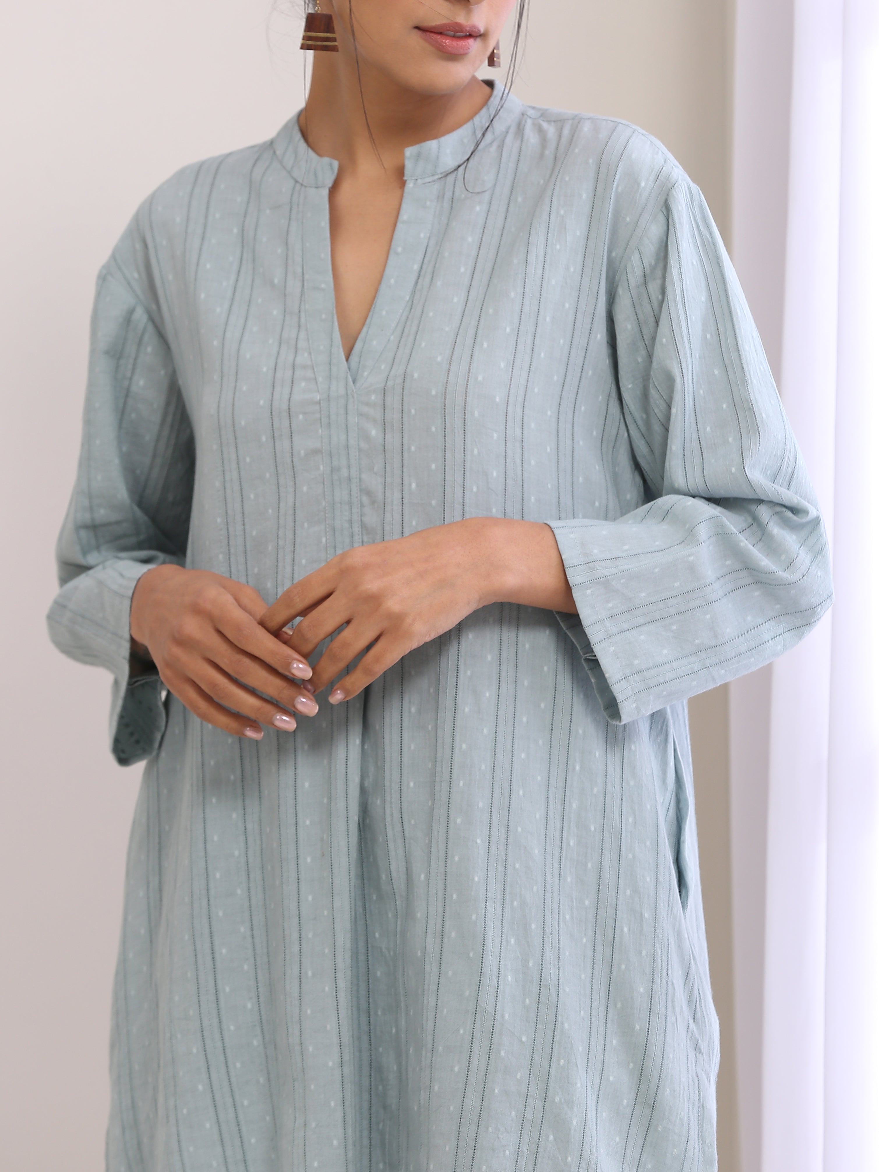 trueBrowns Eggshell Blue Dobby Relaxed Fit Co-Ord Set