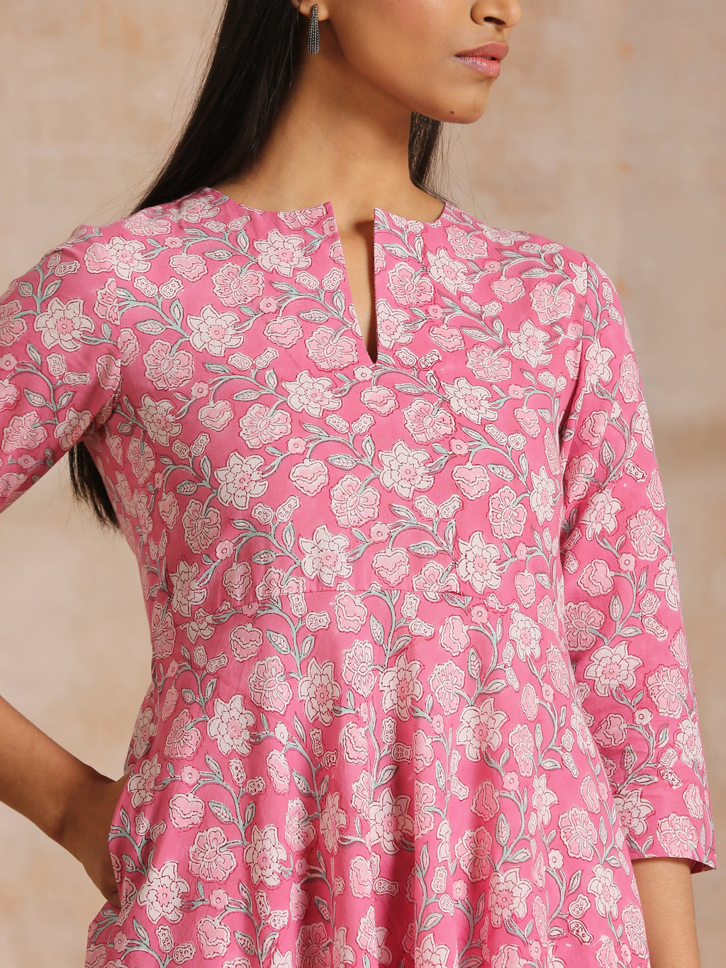 trueBrowns Pink Overall Floral Block Print Cotton Flared Kurta Pant Set