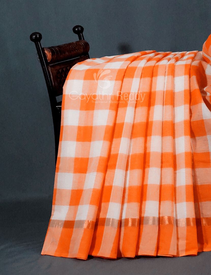Cream And Orange Colored With Checks Pure Mangalgiri Cotton Saree By Gayathri Reddy Designer Studio