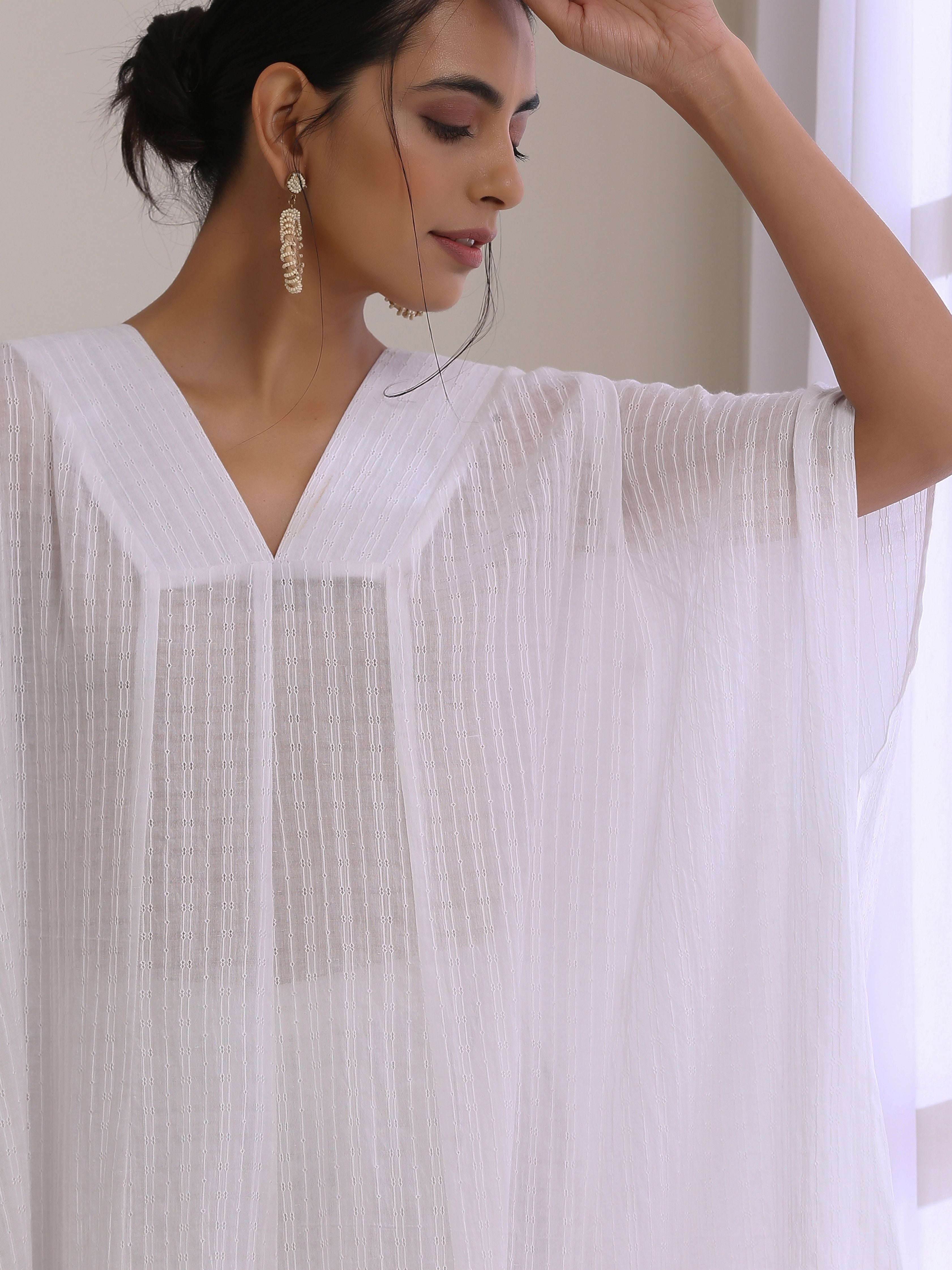 trueBrowns White Dobby Panel Kaftan Kurta Pant Set