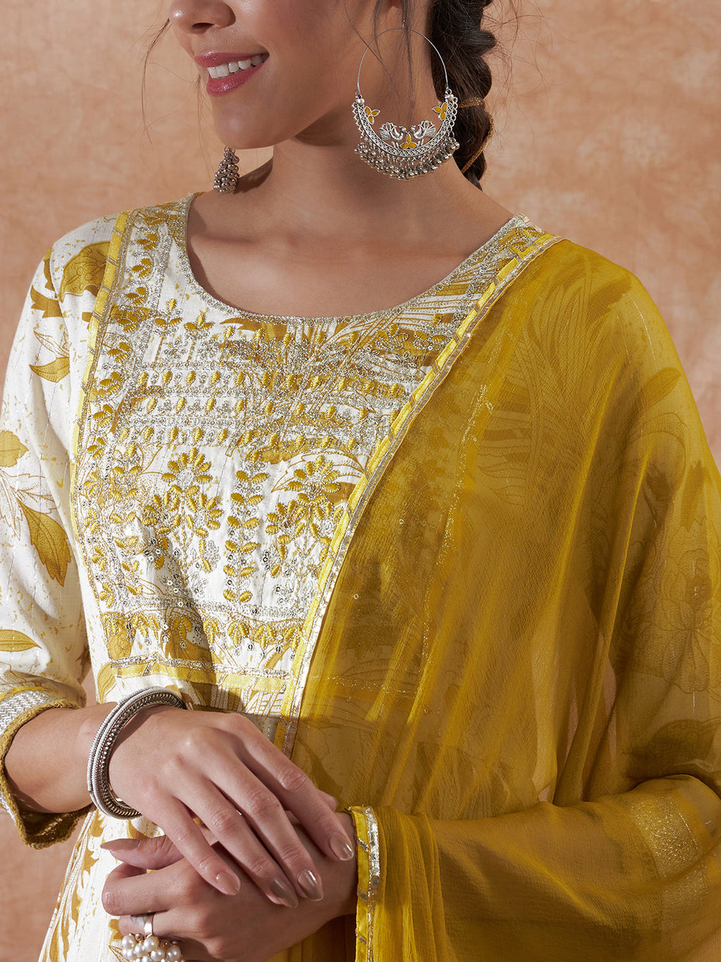 InWeave Women's White Mustard Lurex Leaf Print Patch Gota Kurta Set W Mustard Dupatta