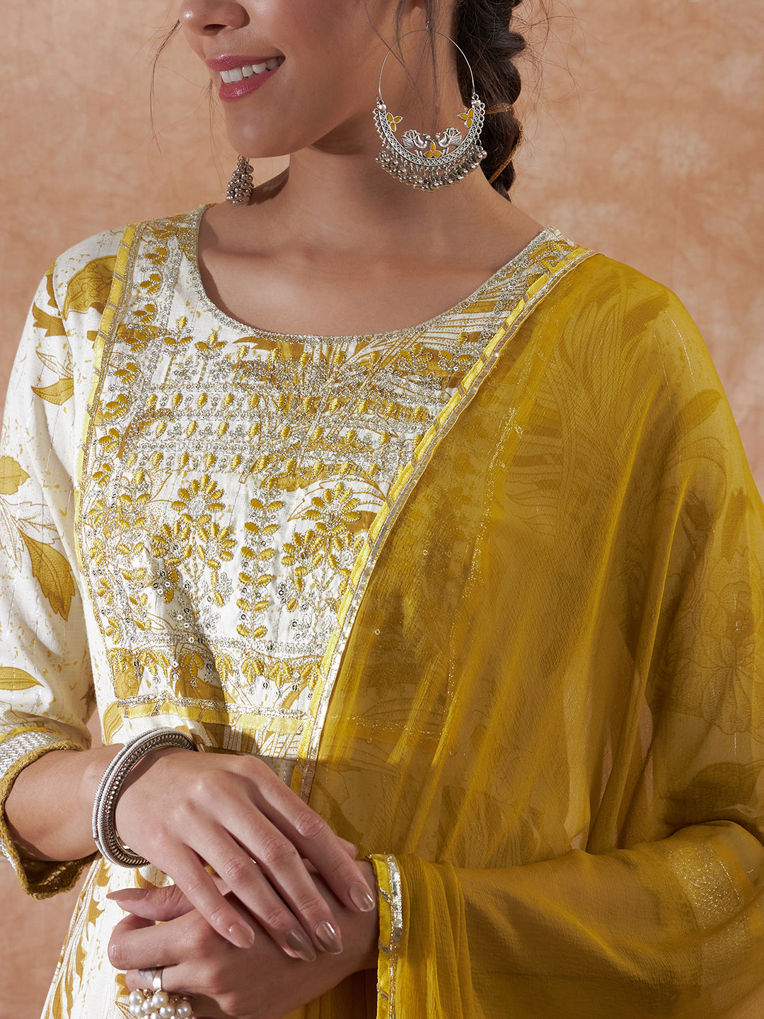 InWeave Women's White Mustard Lurex Leaf Print Patch Gota Kurta Set W Mustard Dupatta