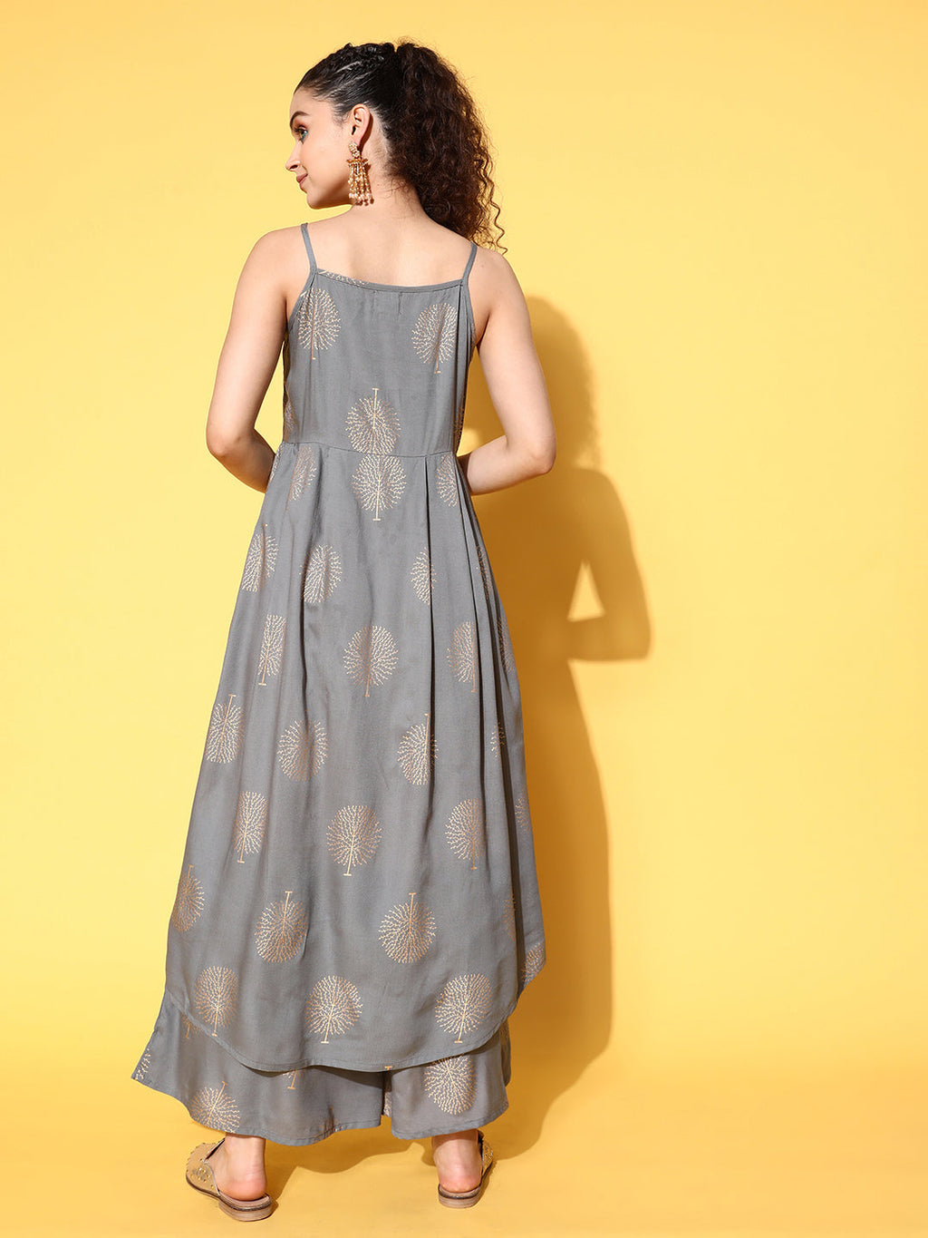 InWeave Women's Grey Gold Strappy Kurta Set