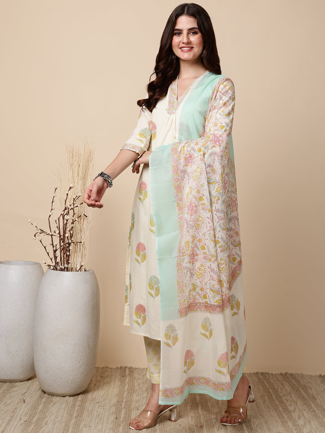 Antaran Cream Pure Cotton Floral Printed Kurta Pant And Dupatta Set