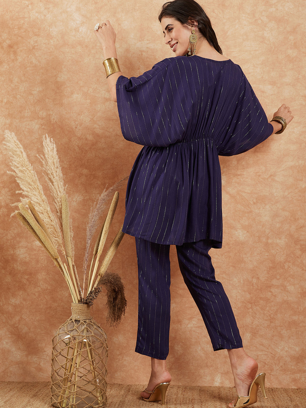 InWeave Women's Royal Blue Lurex V Neck Gota Kaftan Style Kurta Set