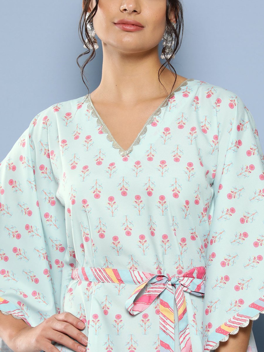 Ahalyaa Women Sea Green Floral Printed Gotta Patti Kurta with Trousers
