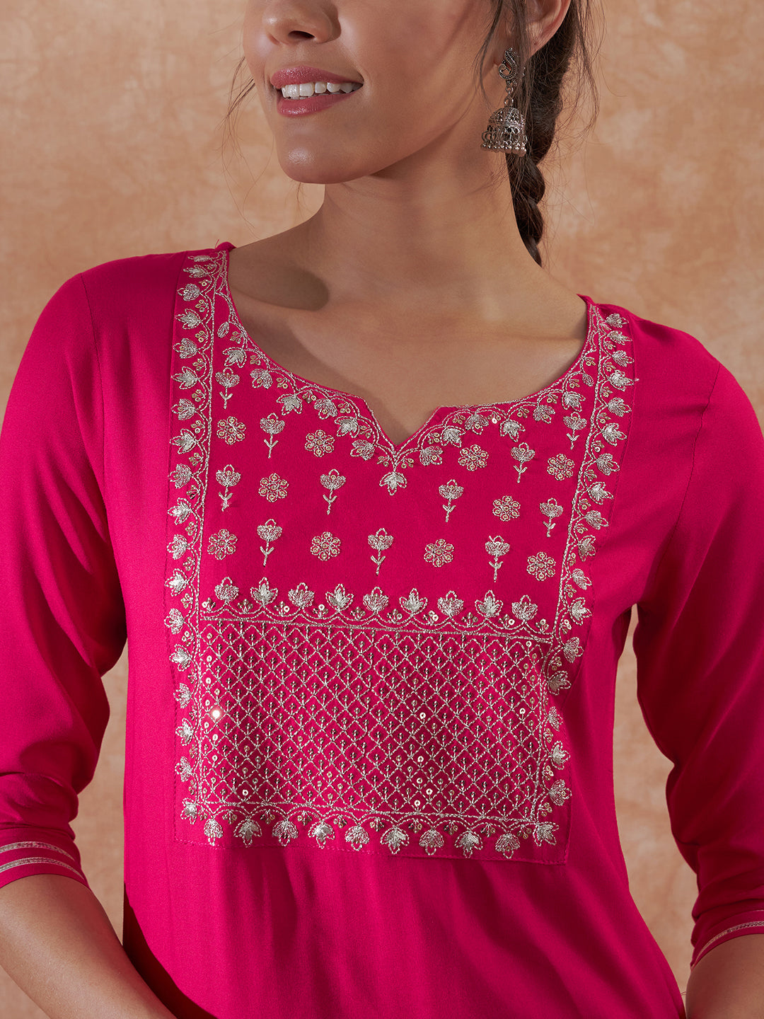 InWeave Women's Magenta Emb Assymetrical Kurta Pant Set