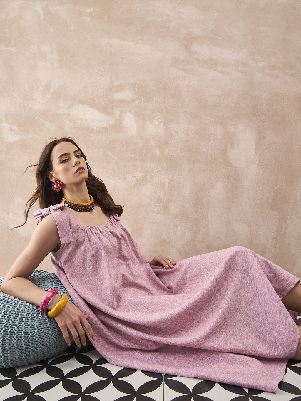 InWeave Dull Pink Linen Round Pleat Bow Dress