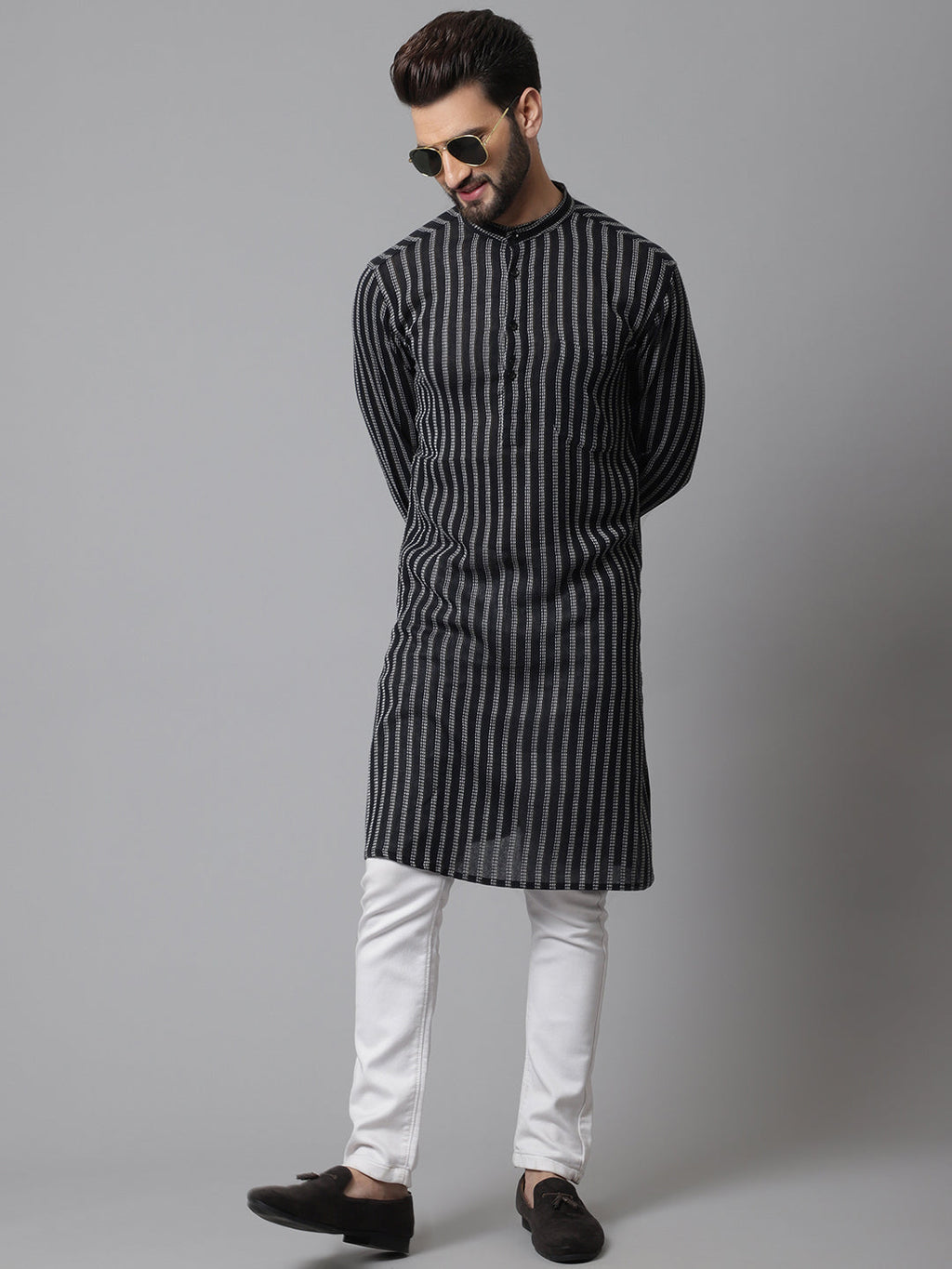 Even Apparels Black Pure Cotton Kurta With Band Collar