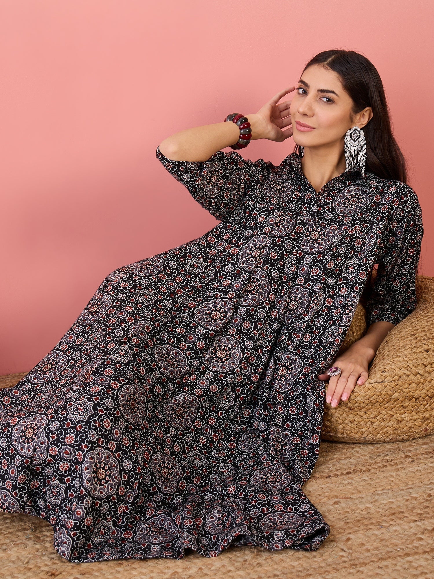 InWeave Black Maroon Ajrakh Foil Collar Flared Dress