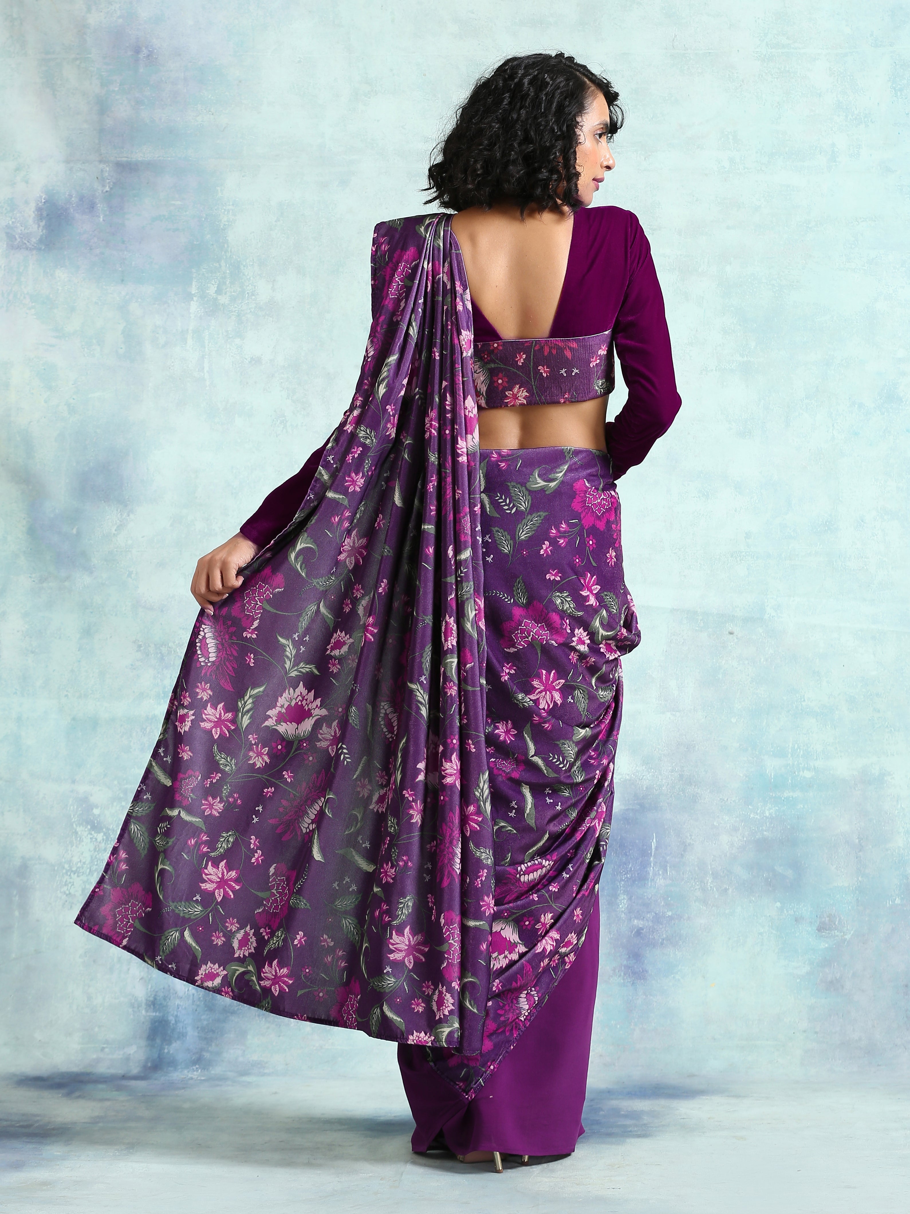 trueBrowns Wine Printed Velvet Ready to Wear Saree
