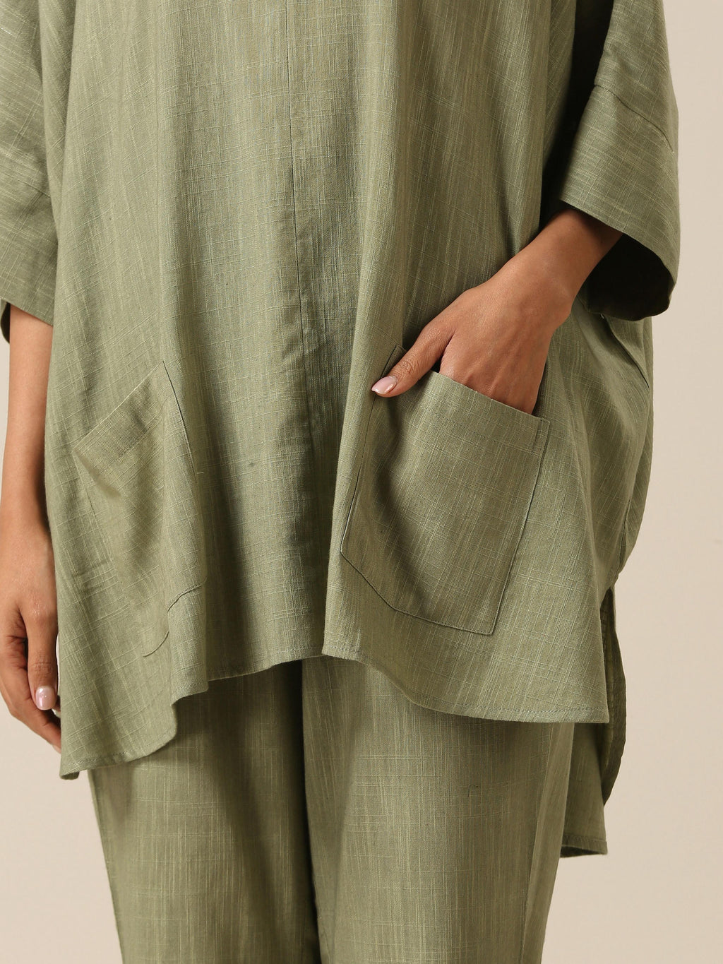 trueBrowns Sage Slub Texture Boxy Fit High Low Co-Ord Set