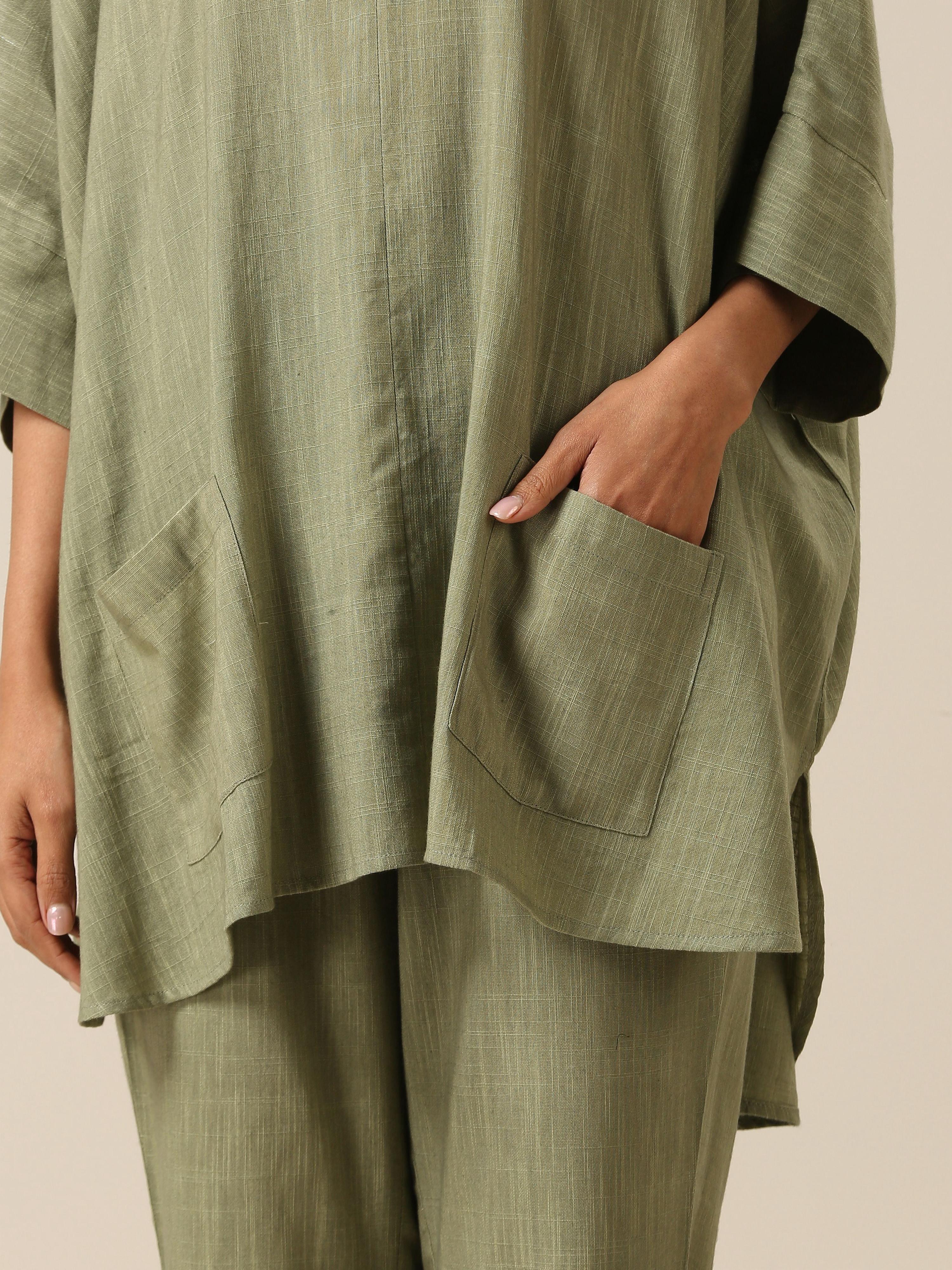 trueBrowns Sage Slub Texture Boxy Fit High Low Co-Ord Set