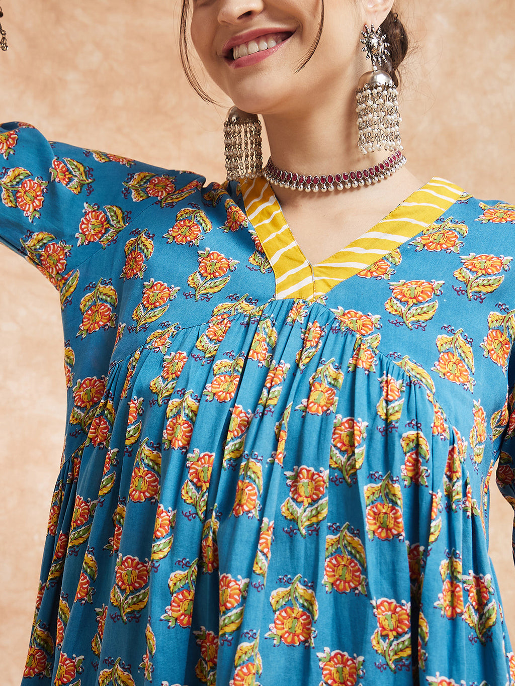 InWeave Women's Blue Orange Floral Yellow White Leh V Neck Kurta Set