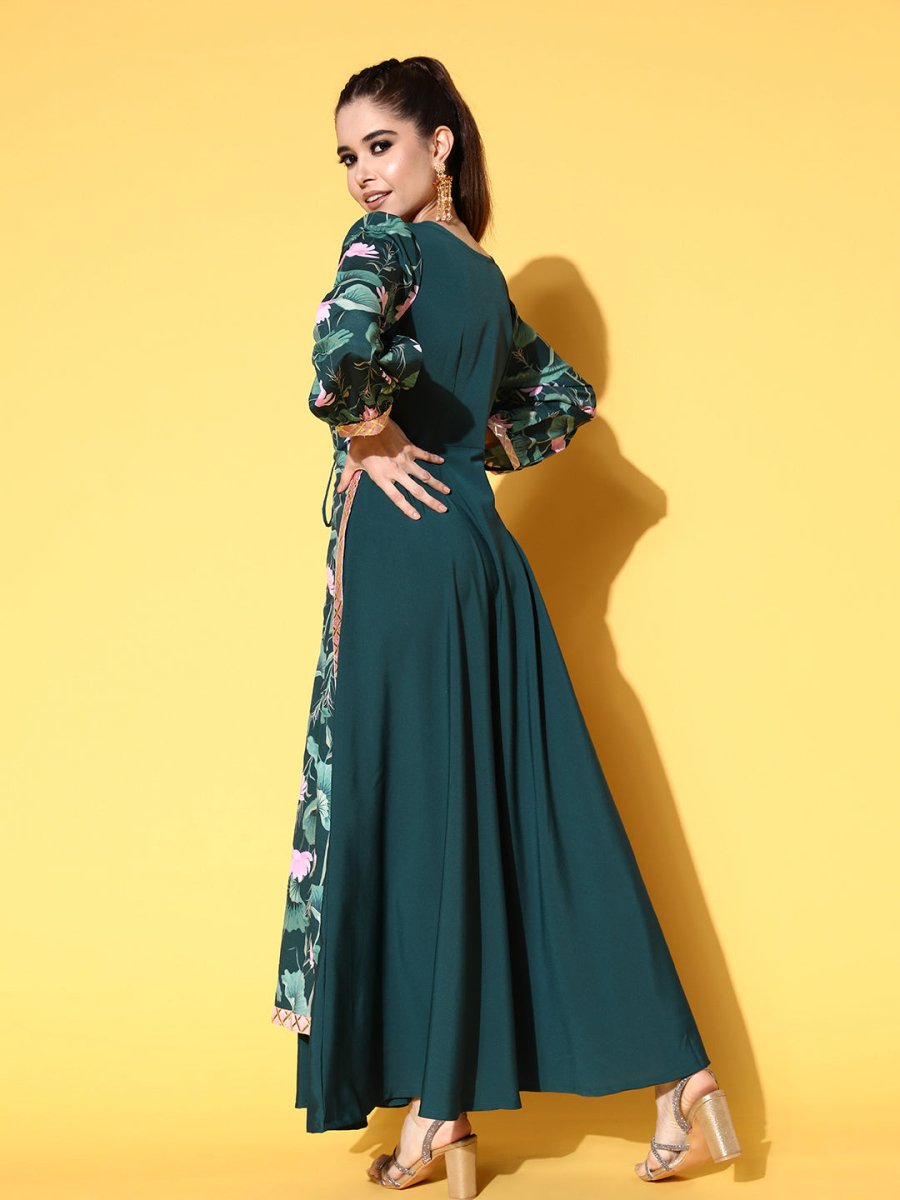 Ahalyaa Green Crepe Puff Sleeves Floral Printed Maxi Ethnic Dress with Waist Tie-Ups